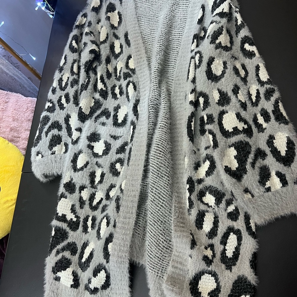 Leopard Print Gray Sweater Cardigan